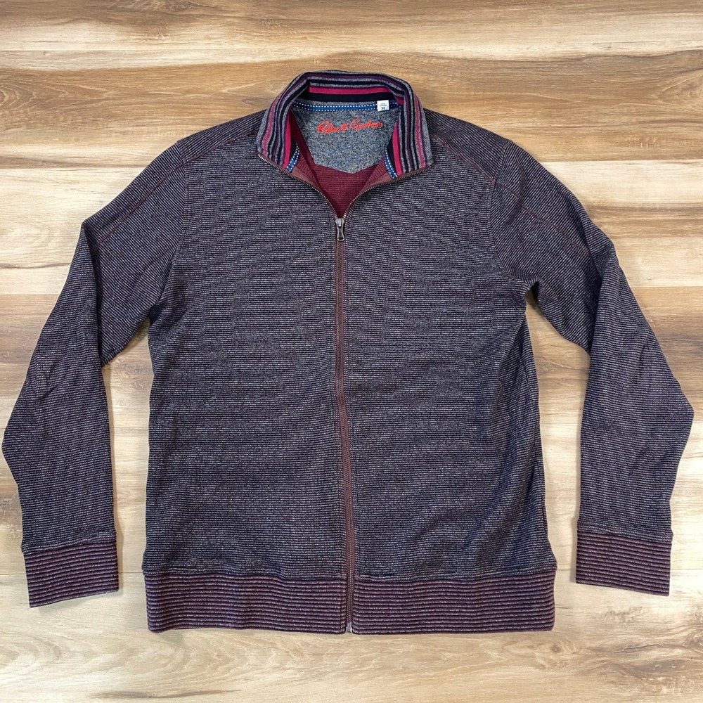 Robert Graham Mens Full Zip Cotton Sweater Medium Burgundy Grey Striped Size M